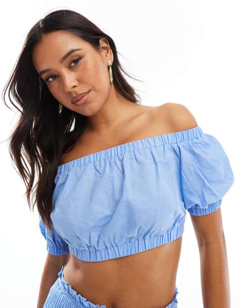 Collective The Label Gathered bardot crop top in sky blue - view 1