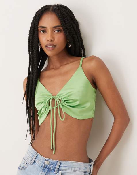 Collective The Label Gathered tie-front crop top in apple green sateen - view 1