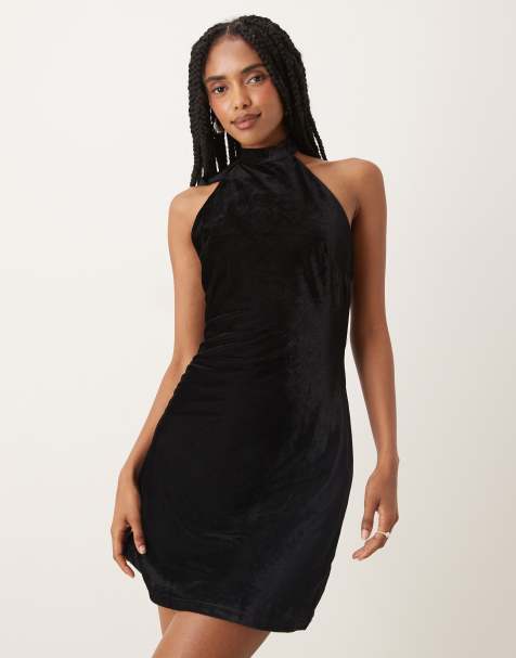 Collective The Label Halterneck mini dress in black rib velvet - view 1