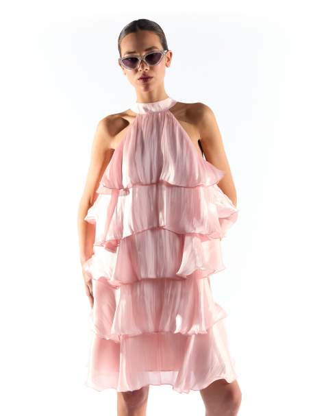 Collective The Label Halterneck ruffle dress in pink metallic