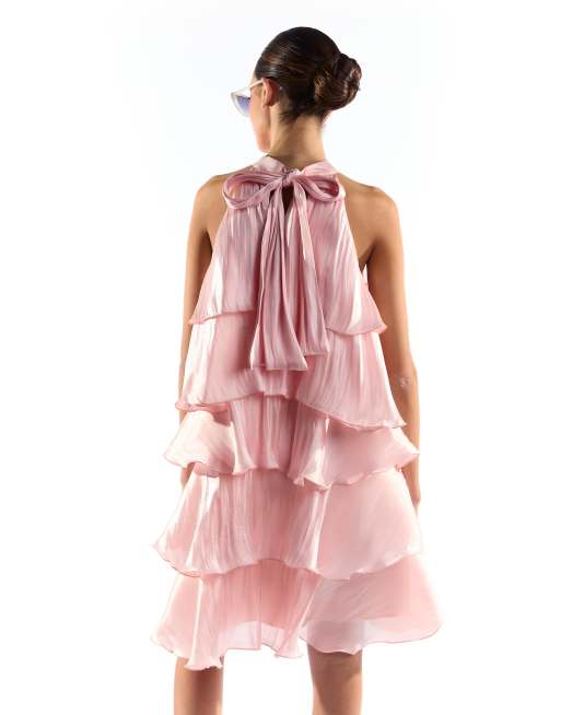 Collective The Label Halterneck ruffle dress in pink metallic, 3 of 4