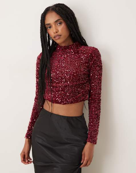 Collective The Label High neck crop top in pink sequin velvet - view 1