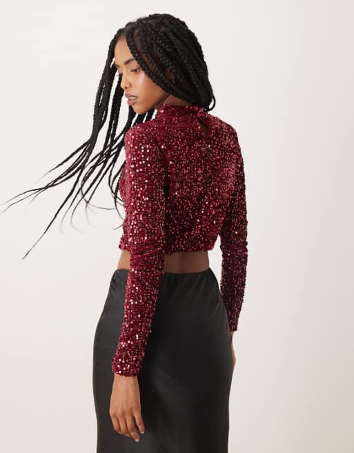 Collective The Label High neck crop top in pink sequin velvet, 3 of 4