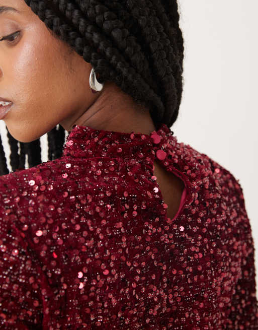 Collective The Label High neck crop top in pink sequin velvet, 4 of 4