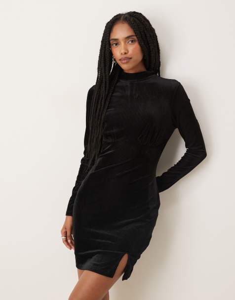 Collective The Label High neck mini dress in black velvet rib - view 1