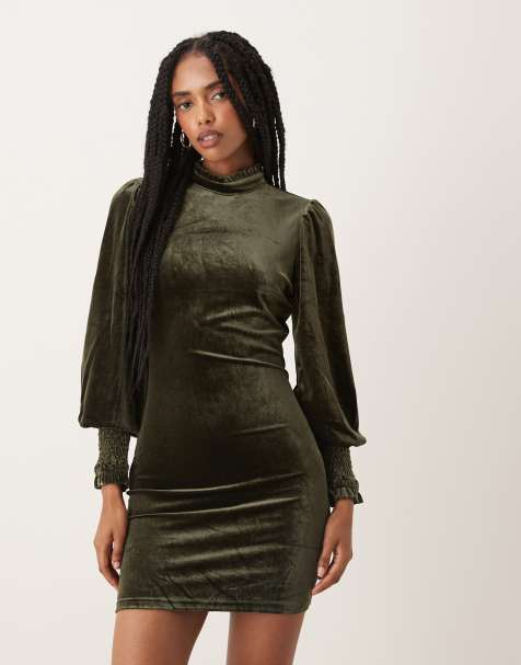 Collective The Label High neck open back mini dress in dark olive velvet - view 1