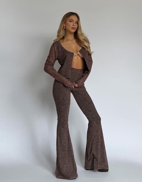 Collective The Label High waisted flared trousers in leopard mesh