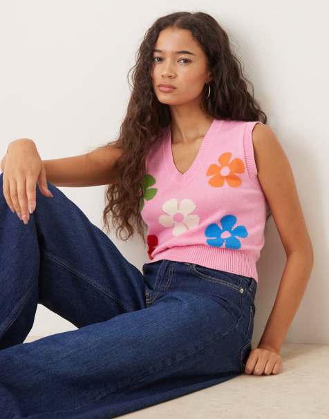 Collective The Label Knitted vest in pink floral intarsia - view 1