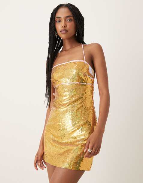 Collective The Label Lace-up back mini dress in gold pink sequin - view 1
