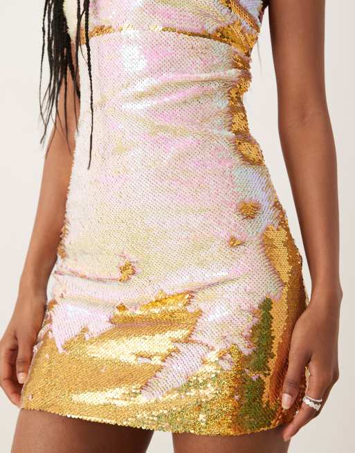 Collective The Label Lace-up back mini dress in gold pink sequin, 2 of 4