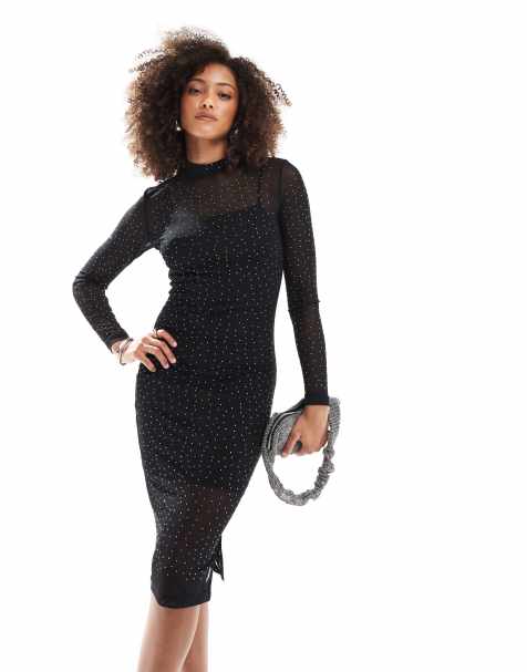 Collective The Label Long sleeve midi dress in black diamante mesh - view 1