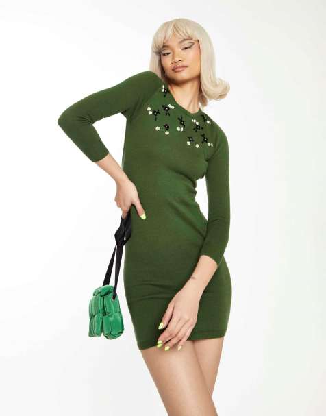 Collective The Label Long sleeves slim fit mini dress with open back in moss green - view 1