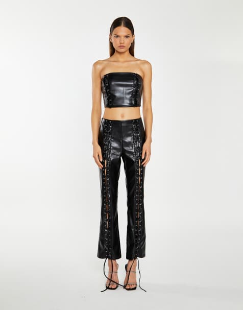 Collective The Label Low waist trousers with statement lace-up detail in black pu - view 1