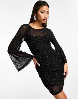 mesh mini dress in black diamante