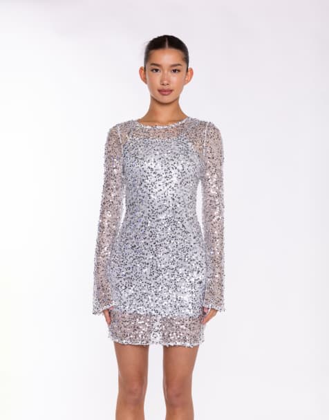 Collective The Label Mesh mini dress with long flared sleeves in silver sequin mesh - view 1