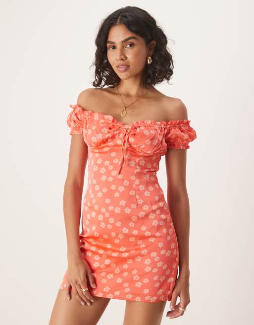 Collective The Label Milkmaid mini dress in coral pink daisy, 2 of 4