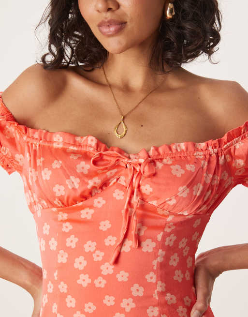Collective The Label Milkmaid mini dress in coral pink daisy, 3 of 4