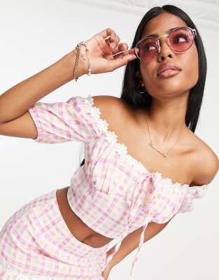 Collective The Label Off-shoulder Crop Top In Lilac Check - Part Of A Set-purple