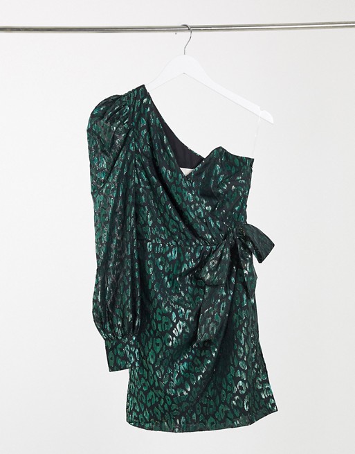 Collective the Label one shoulder bow waist organza mini dress in emerald green leopard organza