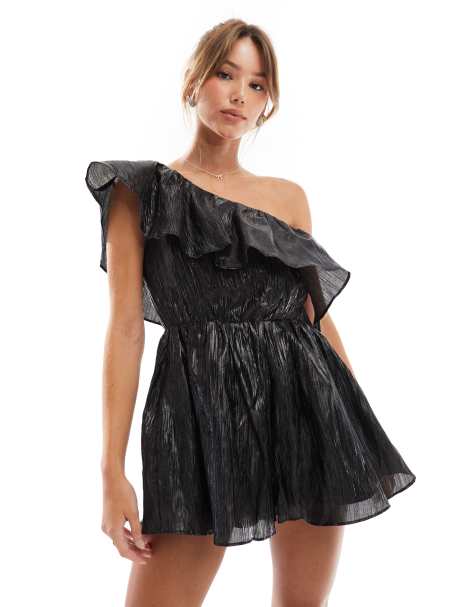 Collective The Label One shoulder ruffle playsuit in black - view 1