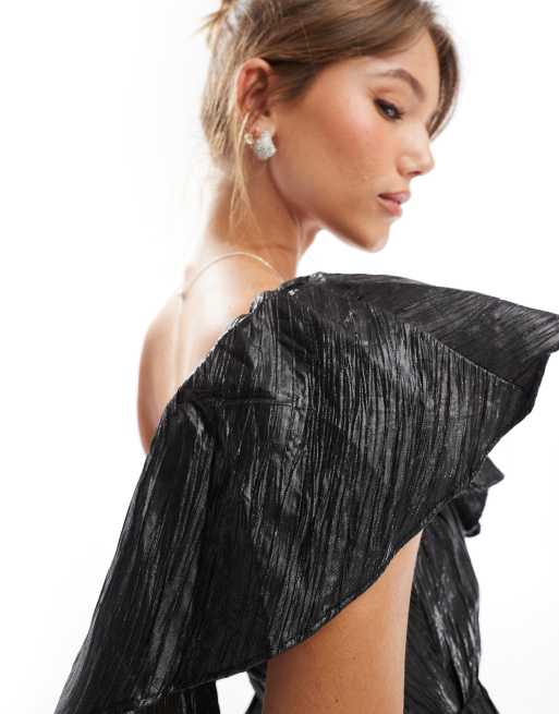 Collective The Label One shoulder ruffle playsuit in black, 3 of 4