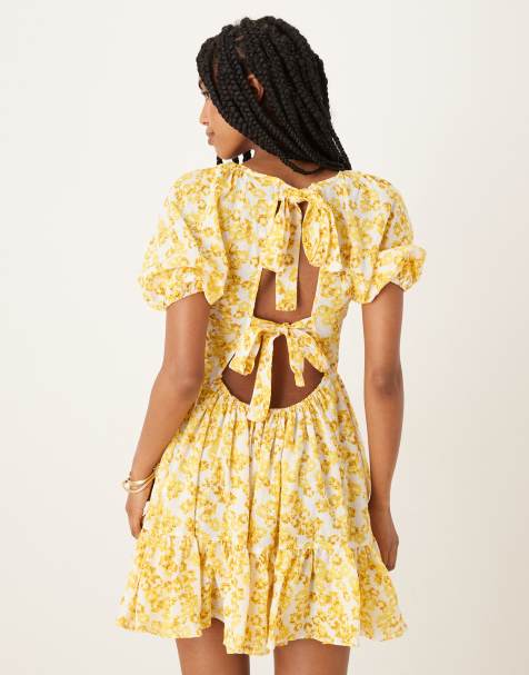 Collective The Label Open back mini dress in yellow texture ditsy - view 1