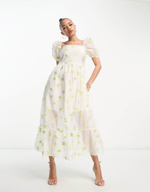 Collective The Label – Organza-Freizeitkleid in Elfenbeinweiß mit Puffärmeln und Blumenmuster, 4 von 4