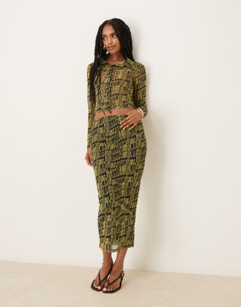 Collective The Label Pencil maxi skirt in yellow sketch stripe mesh