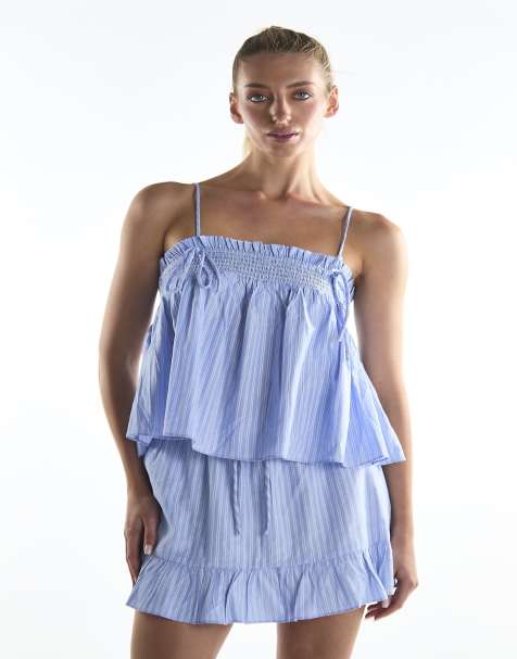 Collective The Label Peplum mini skirt in blue white ticking - view 1