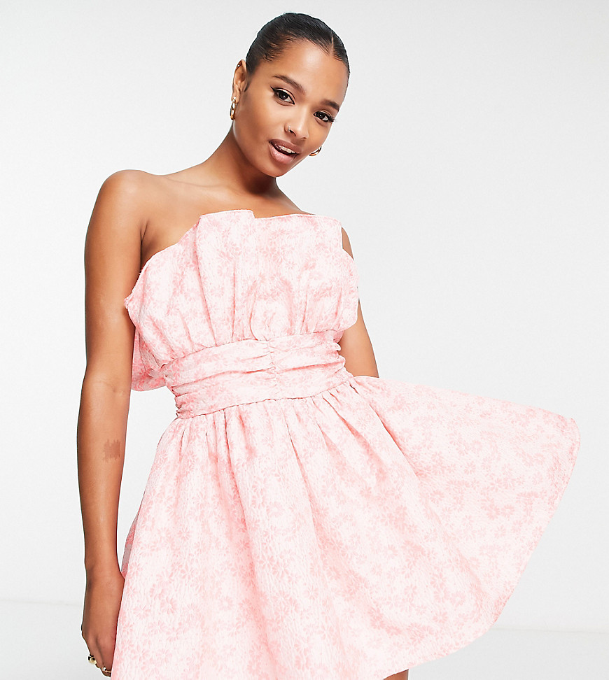 Collective the Label Petite bandeau ruched waist mini dress in textured pink floral