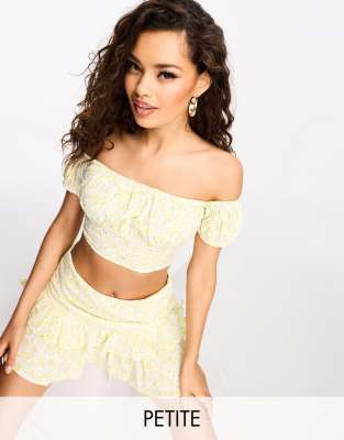 Collective the Label Petite bardot crop top co-ord in ditsy lemon floral-Yellow