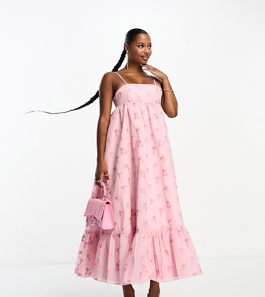 Collective The Label Petite cami trapeze midi dress in pink floral brocade