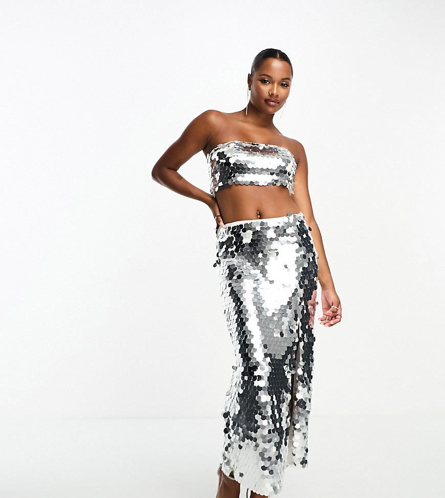 Collective the Label Petite disc sequin midi skirt co-ord in silver