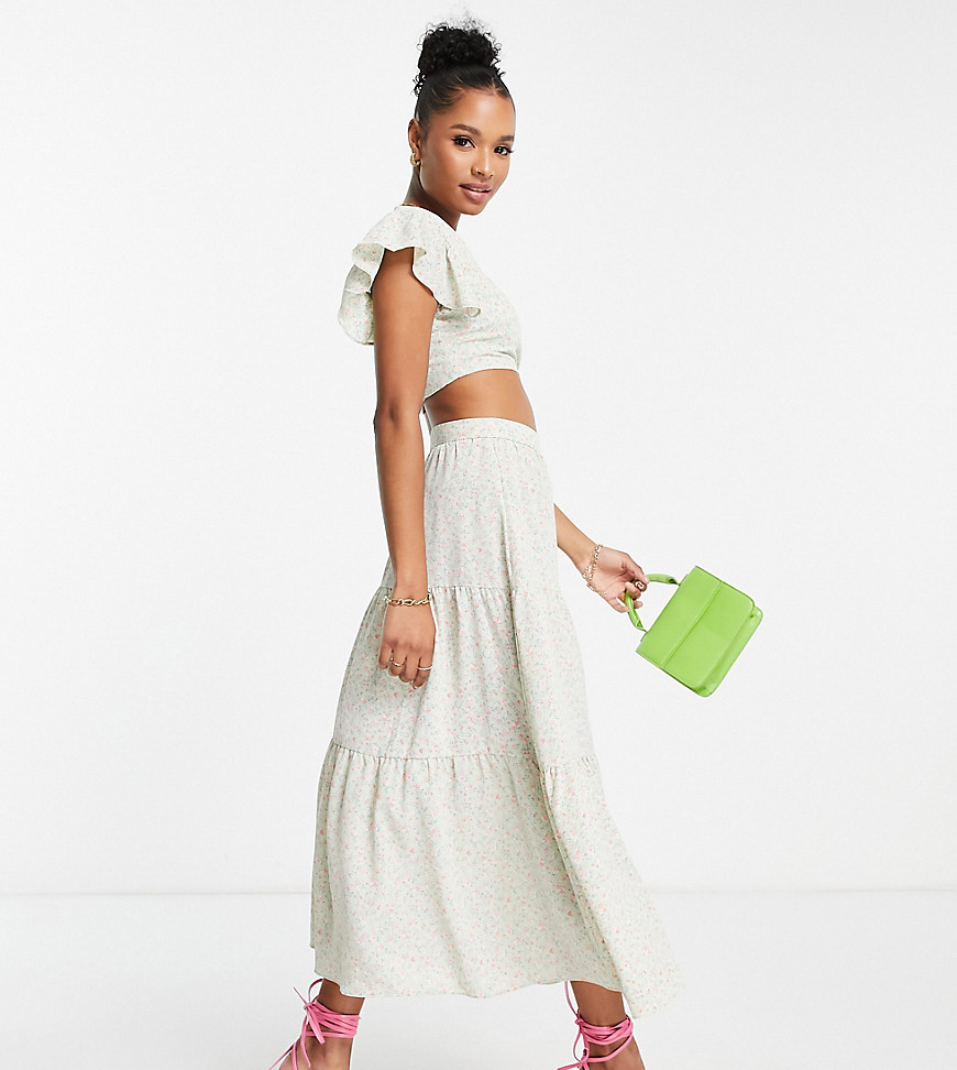 Collective The Label Petite Drop Hem Midi Skirt Co-Ord In Sage Ditsy Floral-Green