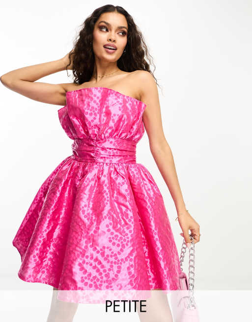 Hot Pink Satin Ruched Bandeau Puff Ball Dress