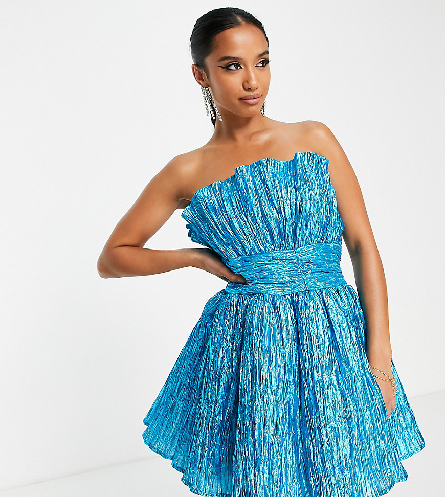 Collective the Label Petite exclusive bandeau ruched waist mini dress in metallic bright blue