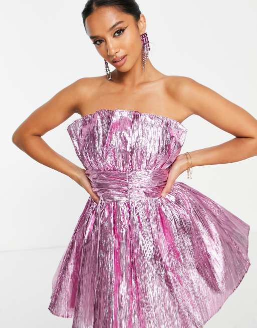 Collective the Label Petite exclusive bandeau ruched waist mini dress in  metallic light pink | ASOS