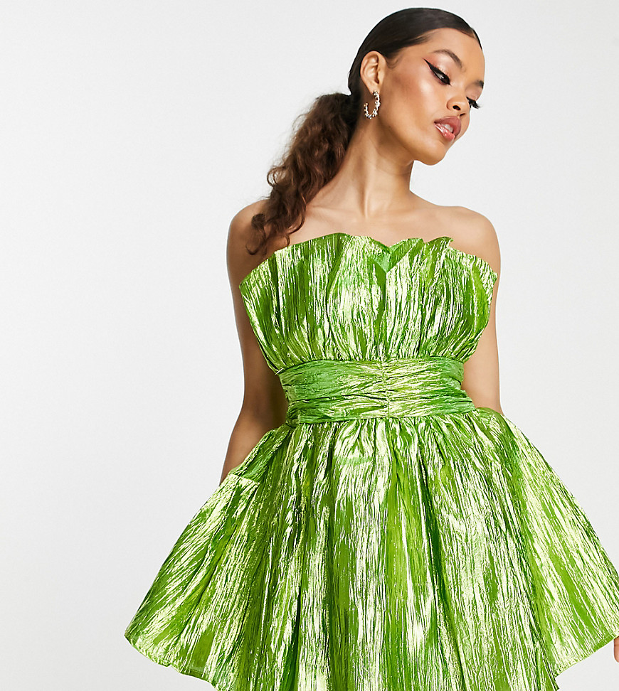 Collective the Label Petite exclusive bandeau ruched waist mini dress in metallic lime green