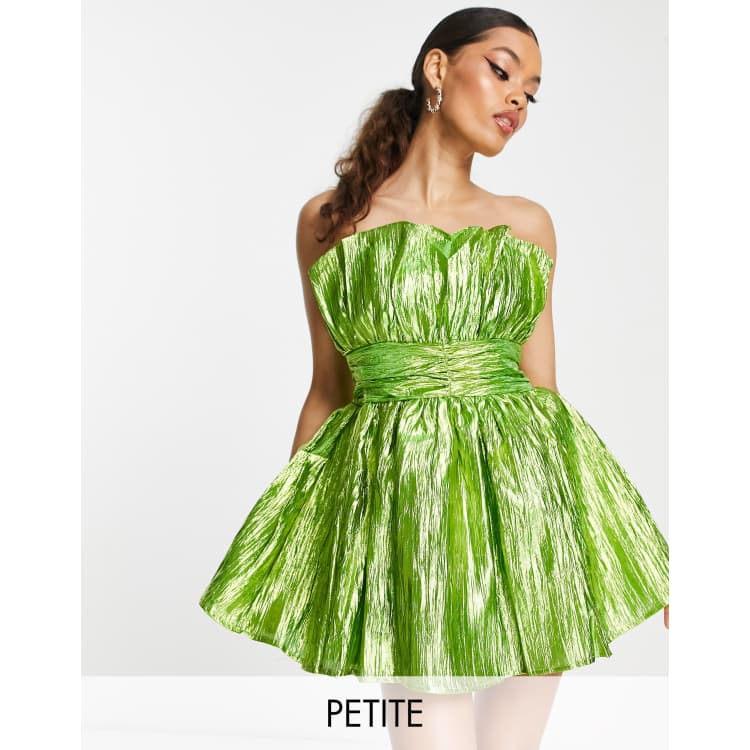 bandeau ruched split mini dress in lime green Collective the Label Petite exclusive bandeau ruched waist mini dress in  metallic lime green