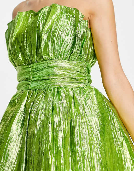 bandeau ruched split mini dress in lime green Collective the Label Petite exclusive bandeau ruched waist mini dress in  metallic lime green