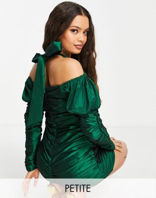 Collective the Label Petite exclusive bow back mini dress in emerald green