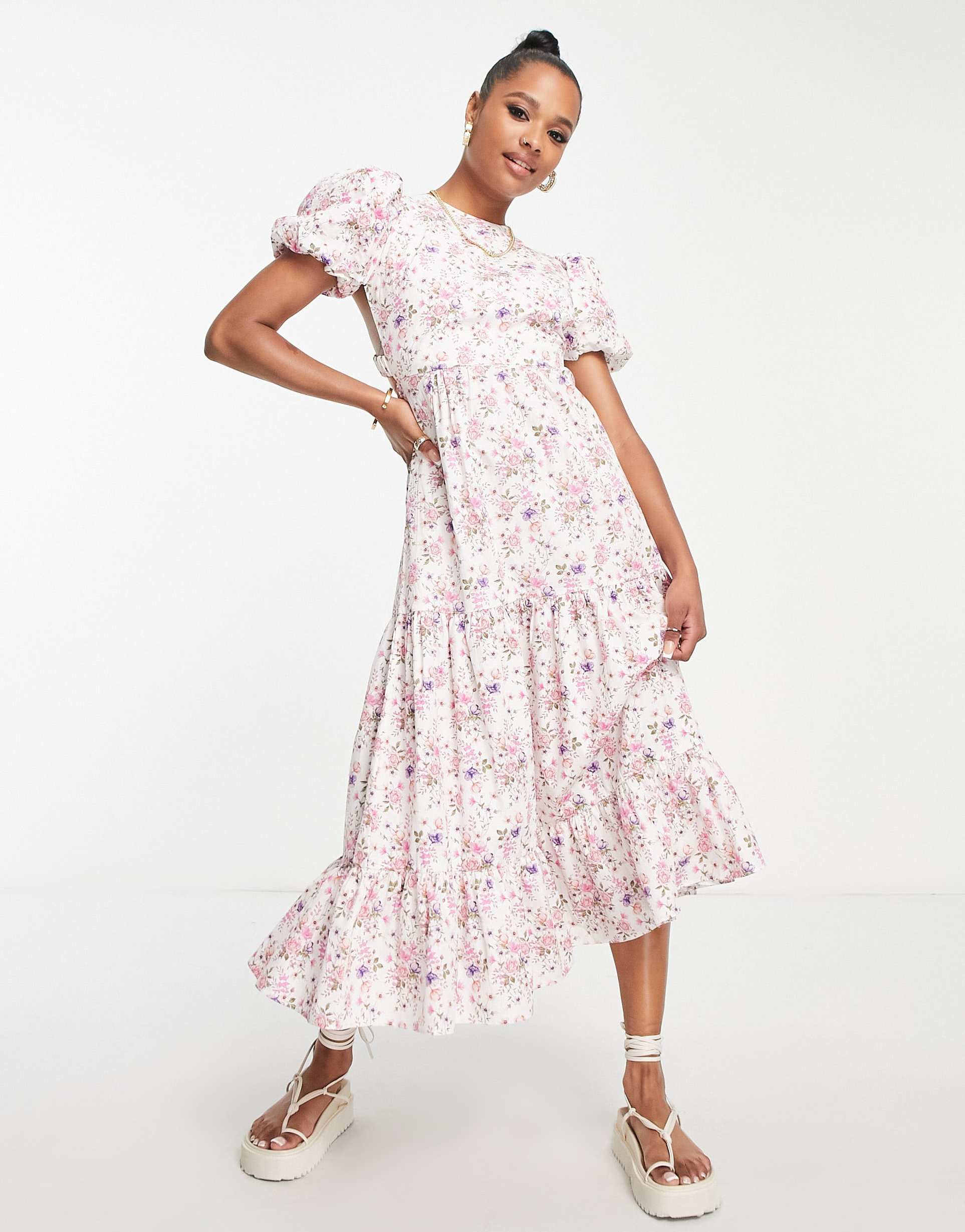 Collective the Label Petite exclusive cross back tiered midi dress in vintage floral