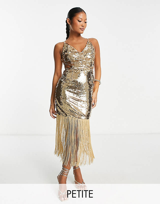 Collective The Label Petite - exclusive cut-out sequin fringe dress in gold