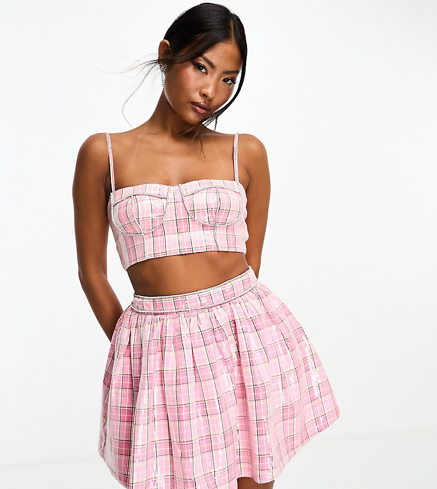 Collective the Label Petite exclusive diamante corset top co-ord in pink check sequin