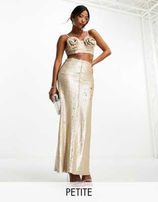 Collective The Label Petite Collective the Label Petite exclusive embellished maxi skirt co-ord in champagne-Silver