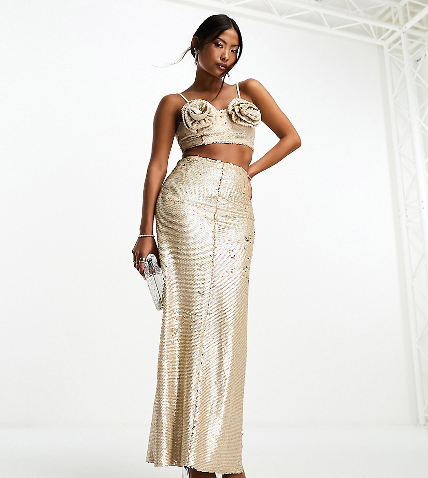 Collective the Label Petite exclusive embellished maxi skirt co-ord in champagne-Silver