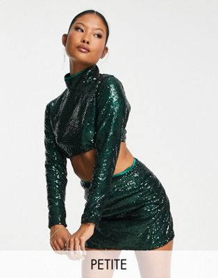 Collective the Label Petite exclusive high neck sequin top co-ord in emerald - ASOS Price Checker
