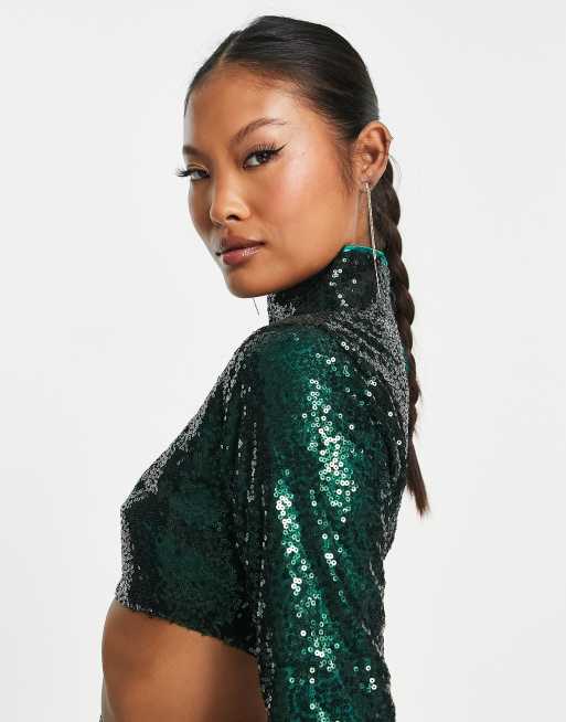 Collective the Label Petite exclusive high neck sequin top co-ord in  emerald | ASOS
