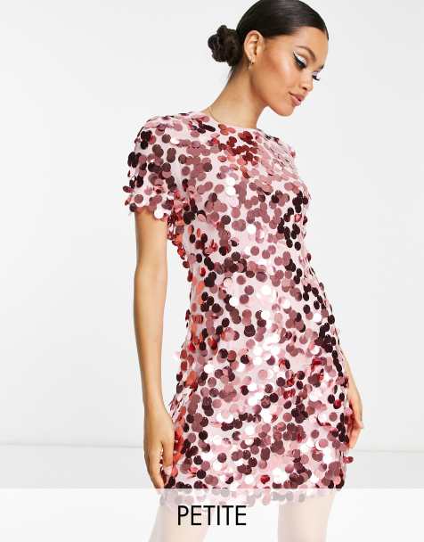 Collective The Label Petite – Exclusive – Kurzes T-Shirt-Kleid in Rosa mit scheibenförmigem Paillettenbesatz - view 1