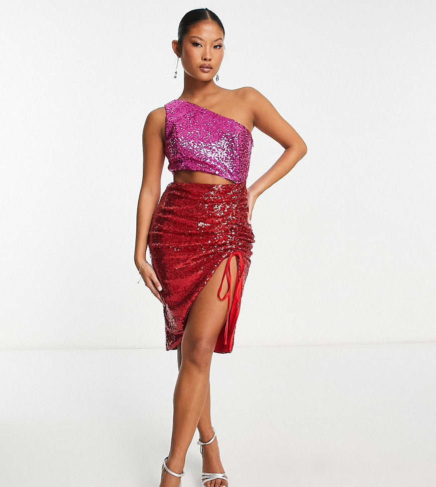 Collective the Label Petite exclusive one shoulder cut-out sequin midi dress in colour block-Pink